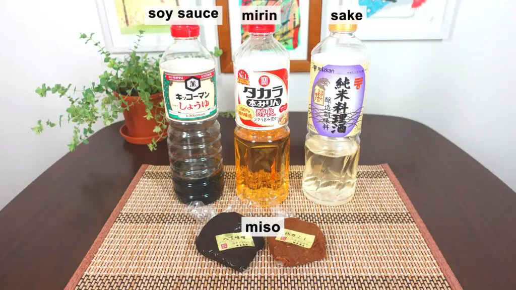 Japanese staples: soy sauce, mirin, and sake