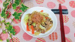 Stir Fried Udon Noodles Yaki Udon seen from above