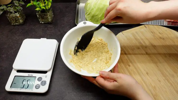 In a bowl, add firm tofu (momen dofu), flour or starch, dashi powder, salt, and egg