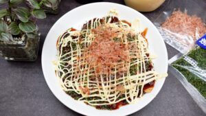 Japanese Tofu Okonomiyaki Savory Pancake seen from above