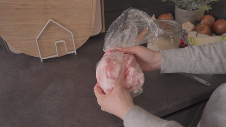 Place the pork belly slices into a plastic bag, add shio koji