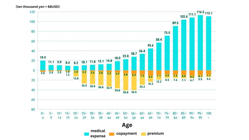 Medical Expense, Copayment, and Insurance Premium Per Person by Age Group (Annual Amount), 2020, Japan