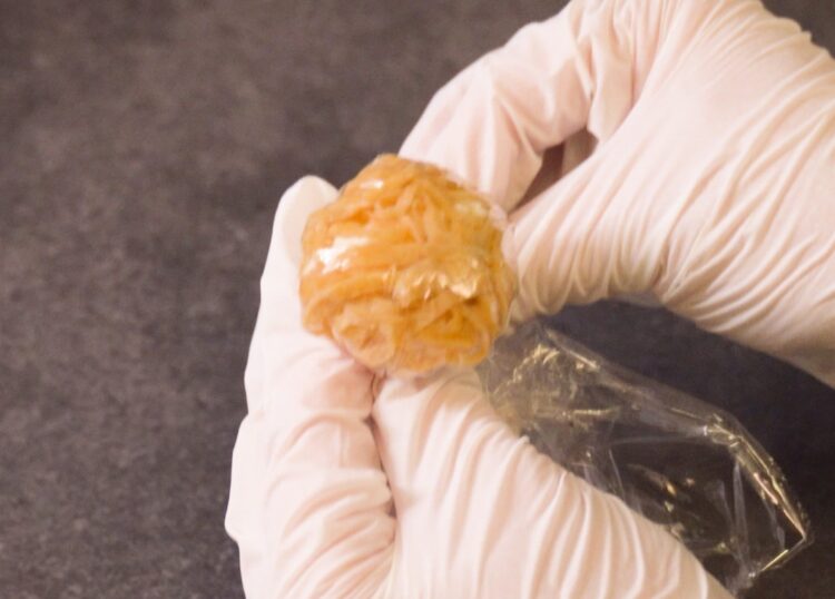 making Egg (Kinshi Tamago) sushi with a plastic wrap