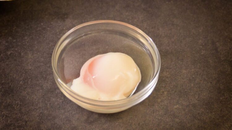 onsen tamago in a small transparent bowl
