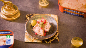 Cod Liver with Olive and Capers seen from above