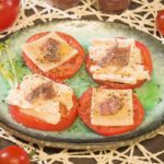 Tomato, Cheese, and Anchovy Canapé seen from above