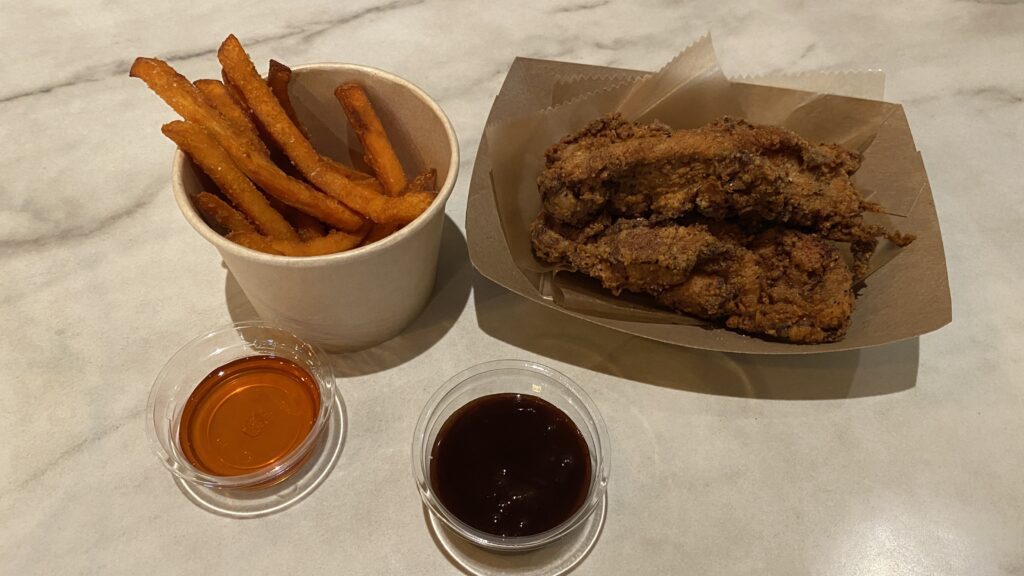 Sweet potato fries and buttermilk fried chicken