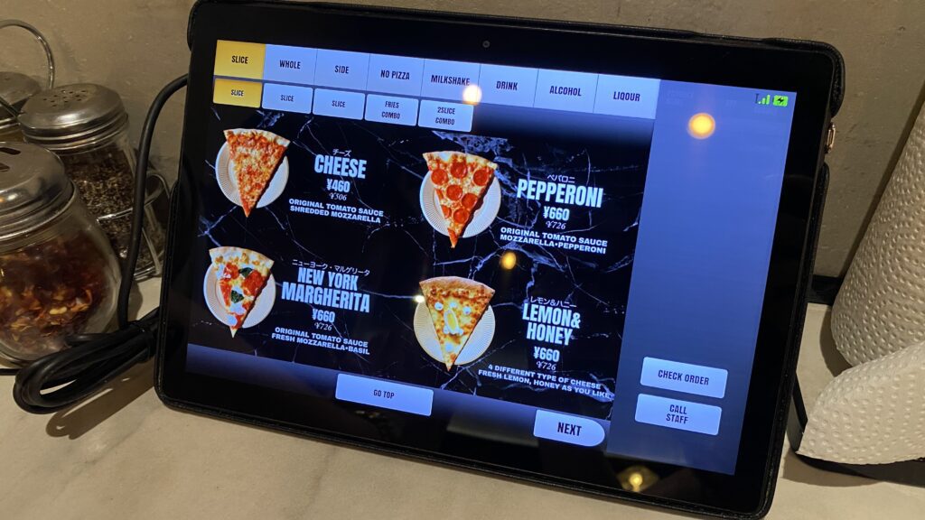 Tablet with English menu and ordering interface
