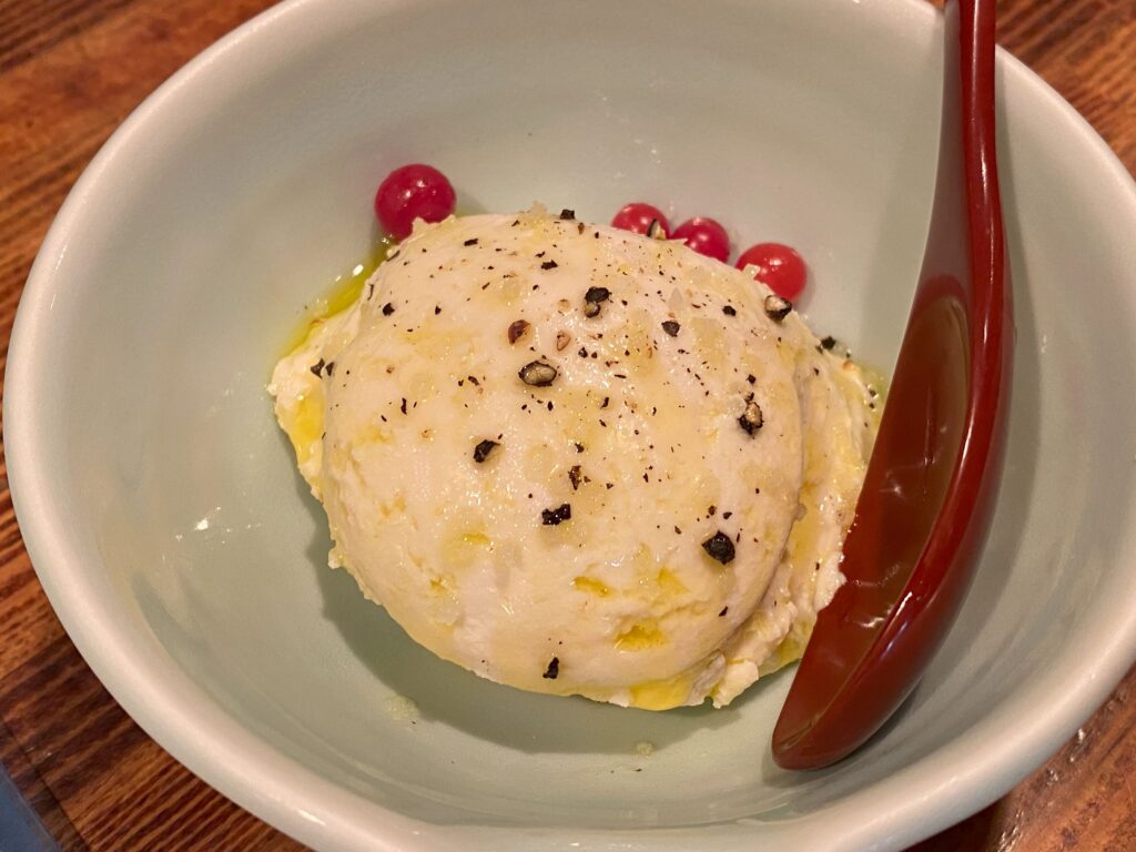 tofu with olive oil at Yakitori BIRD LAND Ginza